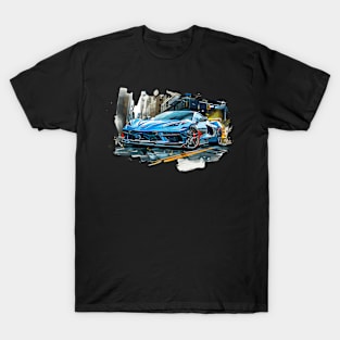 Blue C8 Corvette Street Scene supercar race car muscle car sportscar Corvette C8 T-Shirt